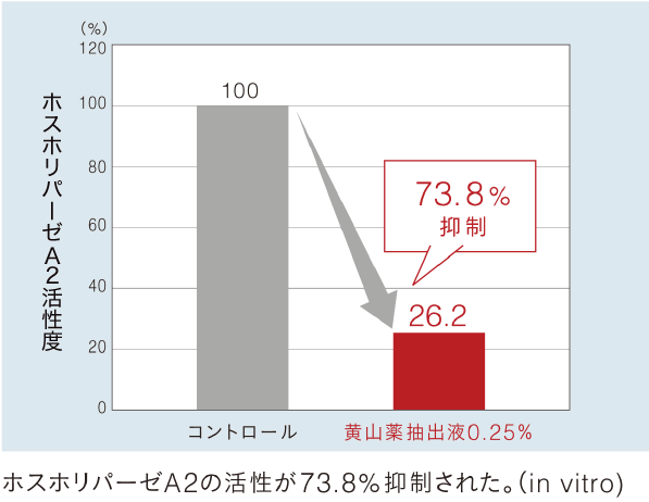 黄山薬抽出液のホスホリパーゼA2 の活性抑制作用。0.25%濃度で活性度を73.8％抑制